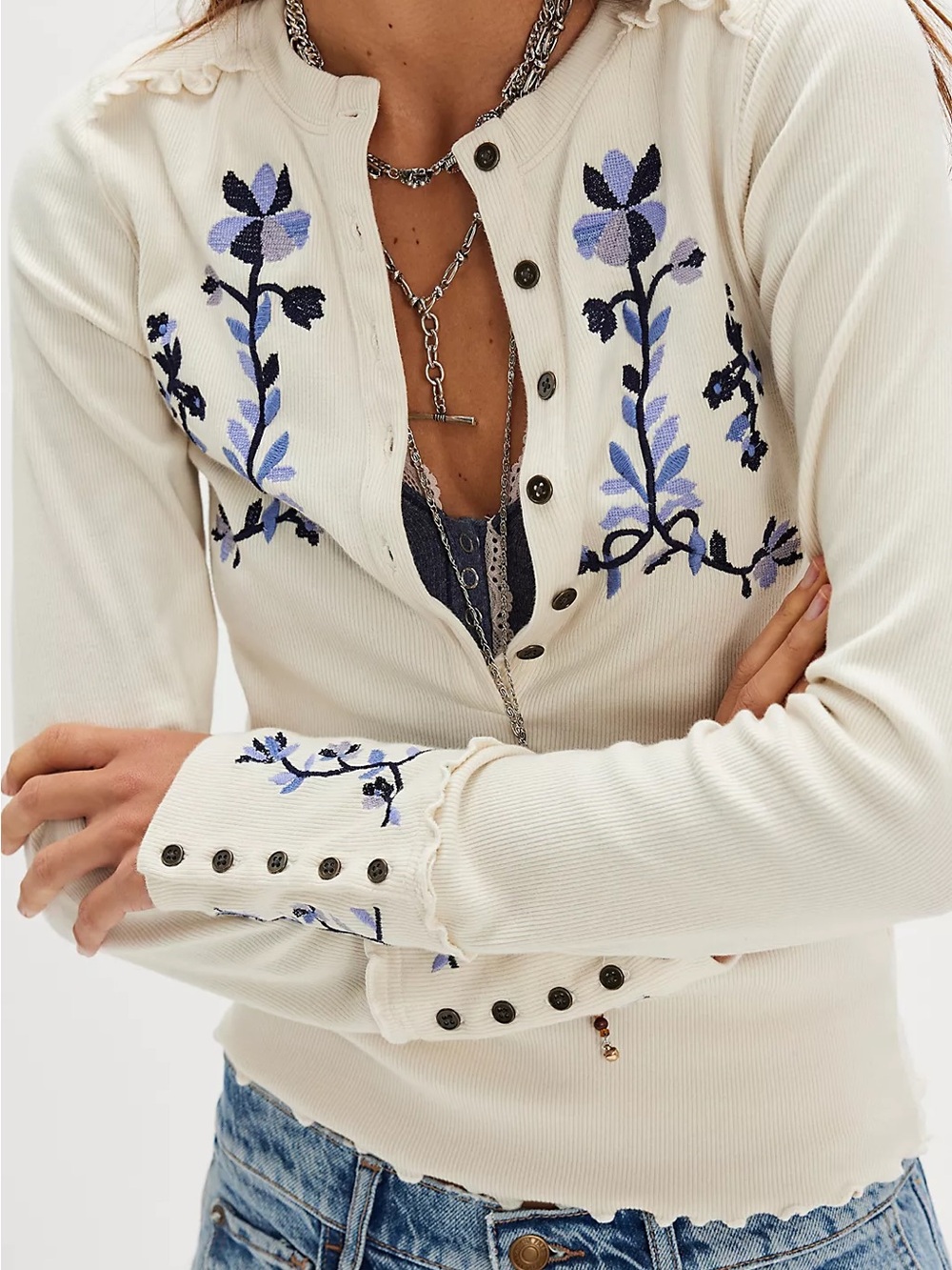 Nwot Free People embroidered cuff henley